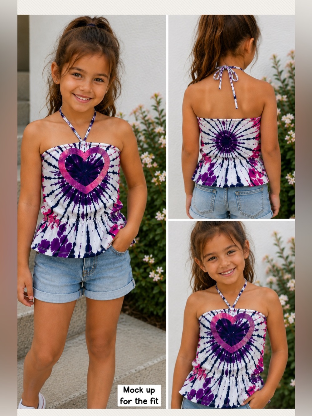 Justice Girls Tie Dye Glitter Heart Halter Top Pink Purple Size 8